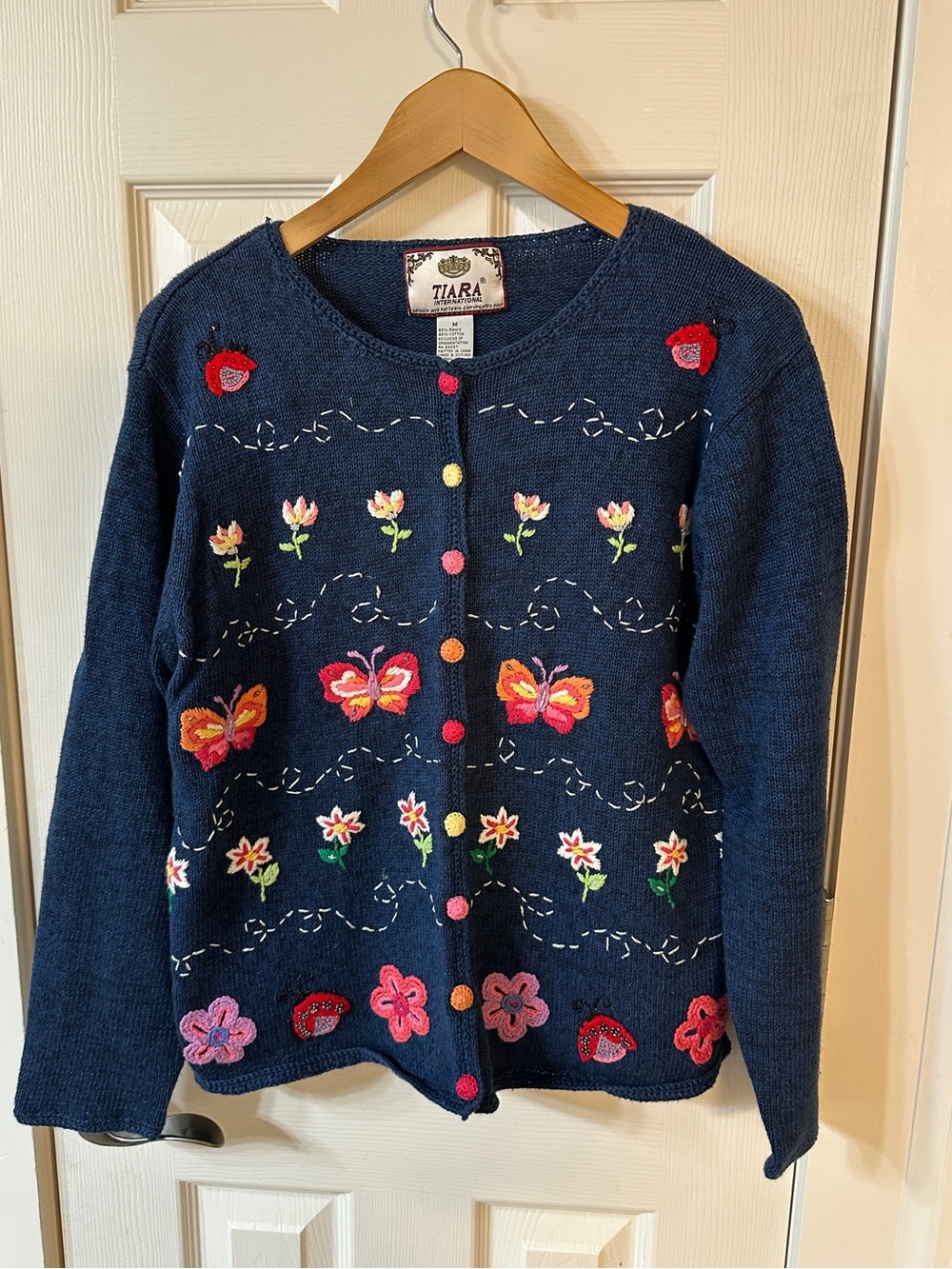 Vintage Tiara International Sweater Flowers Ladybugs Butterflies Embroidered 90s